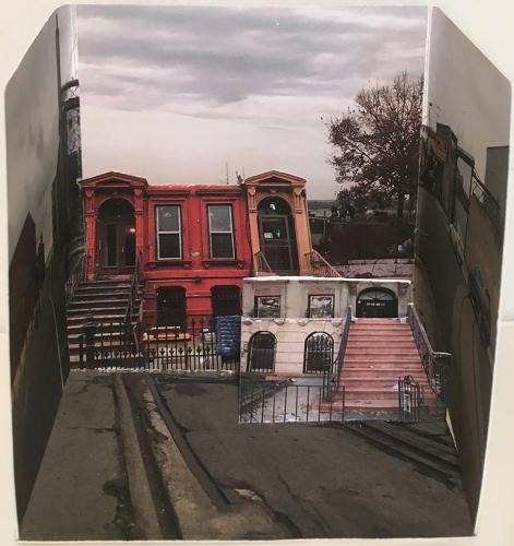 Digitally printed artist’s book showing an exterior view of a red brownstone building and a tan brownstone building.