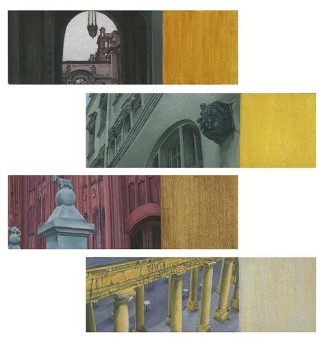 Four paintings depicting composite architectural imagery in heightened color placed side by side with transparent neutral color.