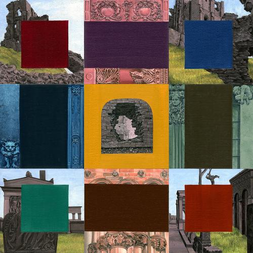 Each of the nine square panels is a separate “page” of a book of hours, flat shapes of colors offering us glimpses of cemeteries, city walls and crumbling ruins, melding the past with the present.