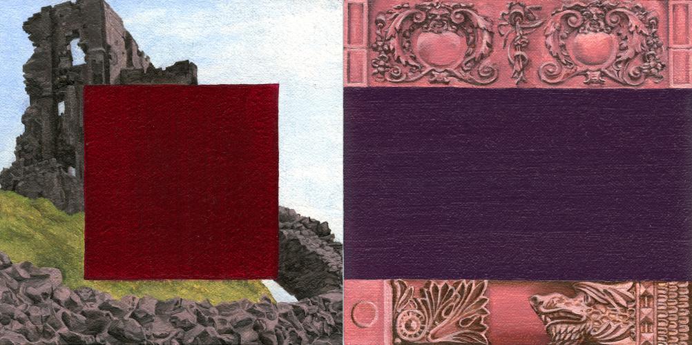 Two 9" x 9" panels. The left panel has a burgundy square over a photo of an outdoors stone structure. The right panel shows a dark purple rectangle across the center of the square with pink motifs framing it at the top and bottom of the panel.