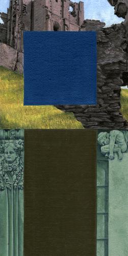 Two 9" x 9" panels. The top panel has a dark blue square over a photo of an outdoors stone structure. The right panel shows a dark green rectangle at the center of the square with green sculptures framing it at the left and right sides of the panel.