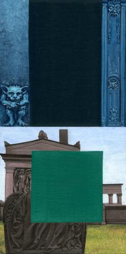 Two 9" x 9" panels. The top panel shows a dark blue rectangle at the center of the square with blue sculptures framing it at the left and right sides of the panel. The bottom panel has a dark green square over a photo of an outdoors stone structure.