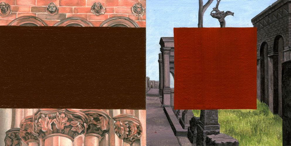 Two 9" x 9" panels. The left panel shows a dark brown rectangle at the center of the square with red architectural elements framing it at the top and bottom sides of the panel. The right panel has a dark red square over a photo of an outdoors stone structure.