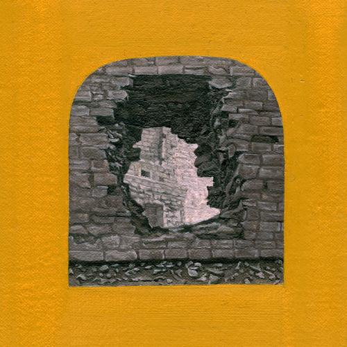 One 9" x 9" panel. A stone wall has a hole in it, allowing the viewer to see a stone structure on the other side of the wall. The image is surrounded by a mustard yellow background. 