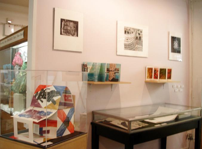 Art prints and 3-D are displayed in an exhibition. 