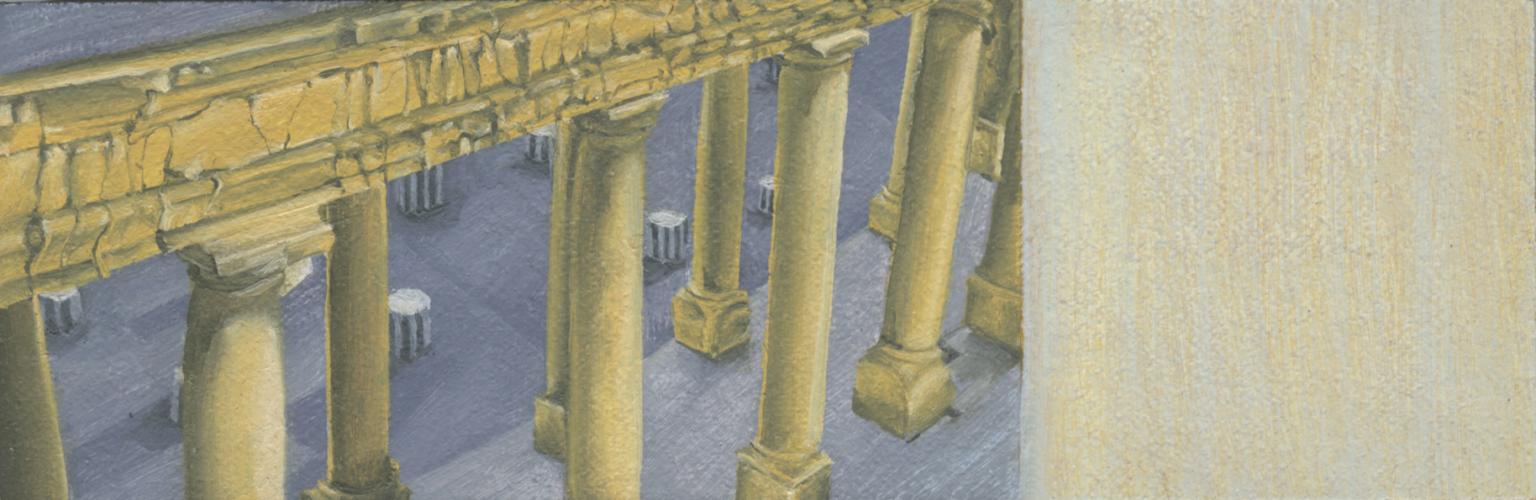A rectangular panel depicts yellow architectural columns over a gray background. A pale yellow and gray square occupies the right side of the panel. 