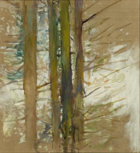 Oil painting of trees in winter.