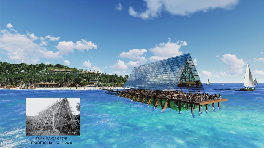 Rendering of a restaurant inspired by a traditional fale va'a, a triangular shaped hut, located on a pier.