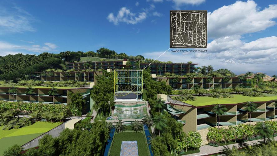 Rendering of a building surrounded by lush greenery in front of a wide, multistory hotel.