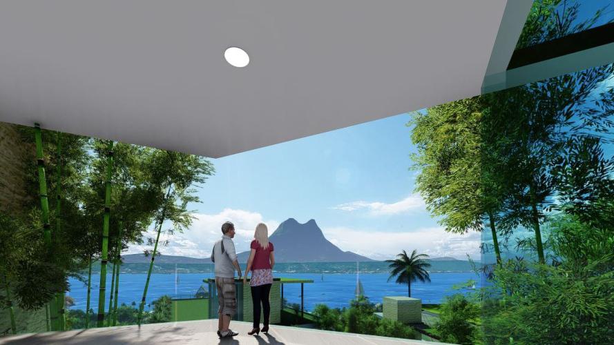 Rendering of two people standing on a balcony overlooking the ocean.