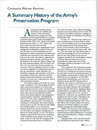 First page of scholarly article 'A Summary History of the Army's Preservation Program'