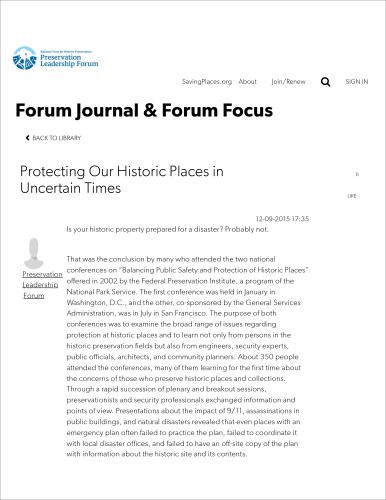First page of scholarly article 'Protecting Our Historic Places in Uncertain Times" published online