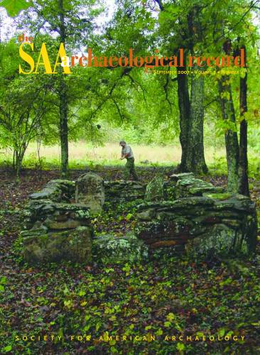 Cover of the SAA Archaeological Record (September 2007) showing a man working in a wooded area