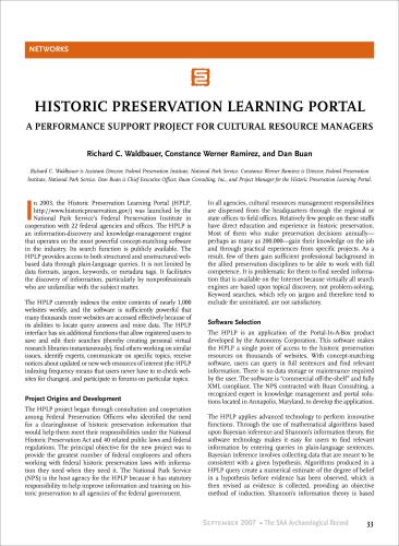 First page of scholarly article "Historic Preservation Learning Portal: A Performance Support Project For Cultural Resource Managers"