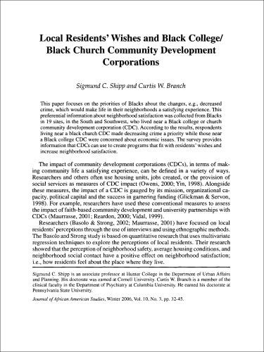 First page of article 'Local Residents' Wishes and Black College/Black Church Community Development Corporations'