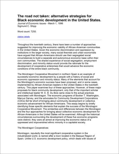 First page of article 'The Road Not Taken: alternative strategies for Black economic development in the United States'
