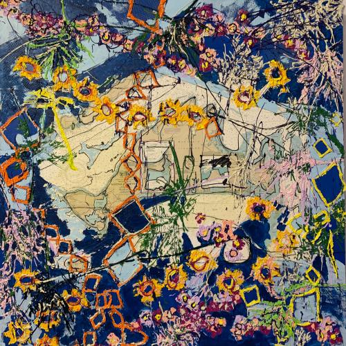 Parts of a map of Martha's Vineyard are surrounded by yellow flower-like motifs, orange triangles, and a dark blue background in this abstract painting.