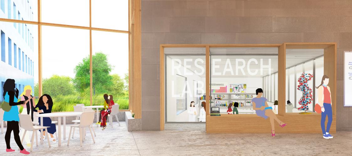 People casually seated outside a window labeled Research Lab, showing people inside dressed in white lab coats.