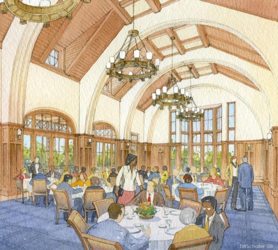 Illustrated rendering of a dining hall.