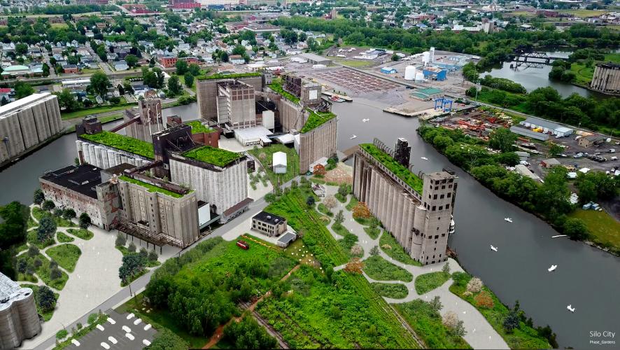 Aerial view of a series of waterfront buildings.