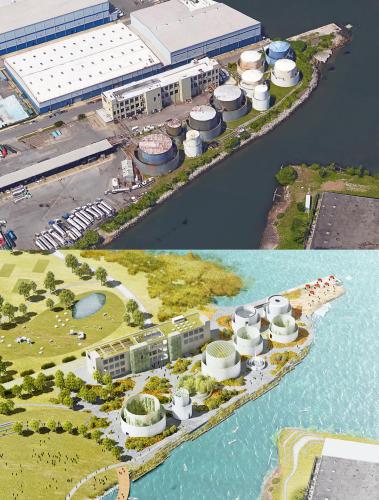 "Before" photo of a waterfront warehouse and oil tanks and the "After" rendering that transforms the site in interconnected gardens, performance spaces, art installations, and an oyster growing habitat.
