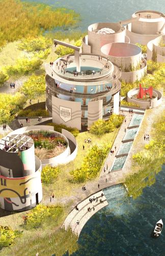Close-up detail of rendering of interconnected gardens and an oyster growing habitat.