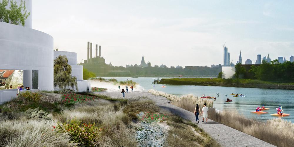Rendering of a waterfront garden path and kayakers on the water.