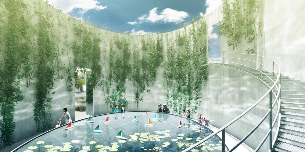 Rendering of a pool of water dotted with lily pads, bordered by a circular wall adorned with hanging moss and a circular stairway.