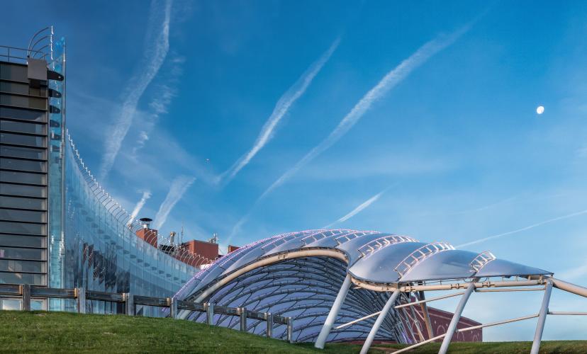 View of a steel shell-grid with a curved, glass top outside of a building with a curved, glass wall.