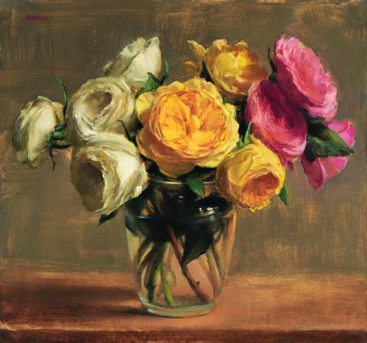 Oil on linen painting of white, yellow, and pink roses in a clear jar. 