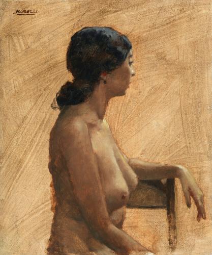 Oil on linen painting of a nude woman sitting in a chair, looking away from the viewer.