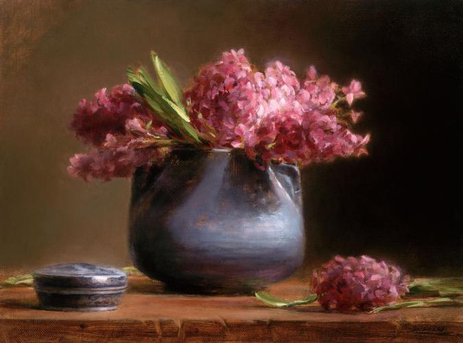 Oil on linen painting of pink hyacinth flowers in a dark pot on top of a wooden table. 
