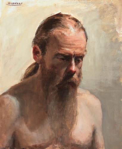 Oil on linen painting of a shirtless older man with a long beard, in a three-quarter profile view.