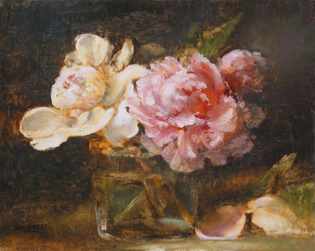 Oil on linen painting of pink and white peonies in a clear jar.