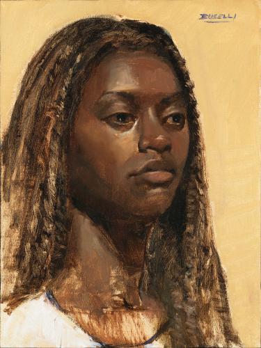 Oil on linen painting of a young woman with long, braided hair, staring off into the distance.