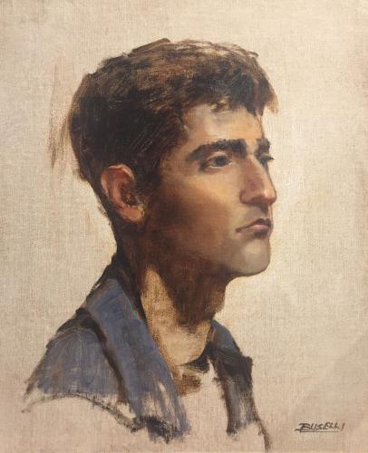 Oil on linen painting of the side profile of a young man. 