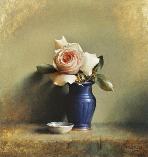 Oil on linen painting of a white rose in a blue vase.