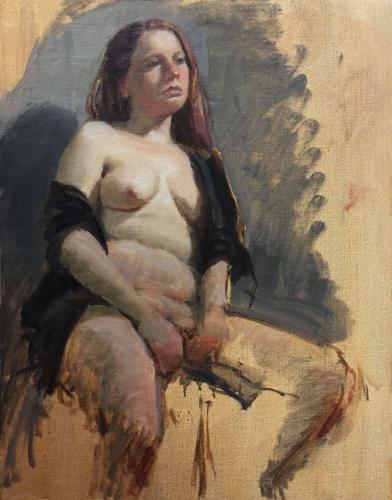 Oil on linen painting of a nude woman with a black robe draped over her arms.