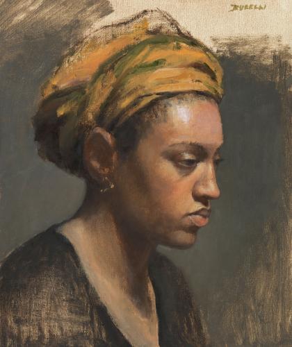 Oil on linen painting of the side profile of a woman wearing a yellow turban.