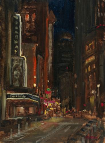 Abstract painting of an street surrounded by tall buildings at night.