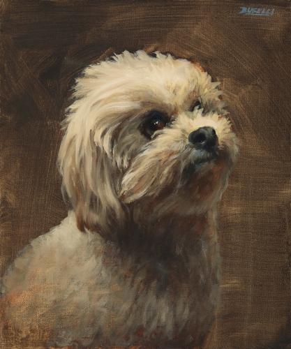 Oil on linen painting of a white terrier dog viewed in three-quarters profile.