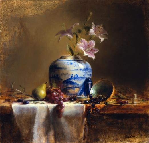 Painting of a white and blue vase with pink flowers surrounded by fruit on top of a table.