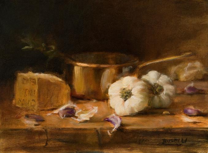 Painting of a wedge of cheese, a cooking pot, and two bulbs of garlic set on a wooden table.