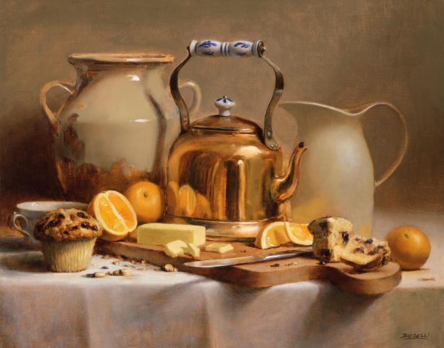 A still life painting of a copper tea kettle, a pitcher, a large jug, a whole muffin, cut oranges, a partially cut stick of butter, and a muffin cut in half, set on a wooden cutting board. 