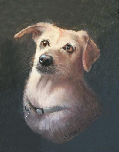 Oil on linen painting of a small tan and white dog.