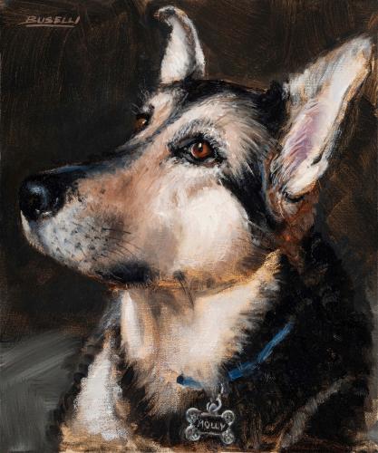 Oil on linen painting of a German Shepherd dog.