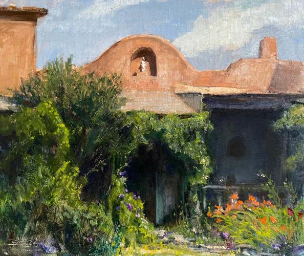 Painting of large, overgrown green bushes surrounding an entry to a tan, Southwestern-style building.