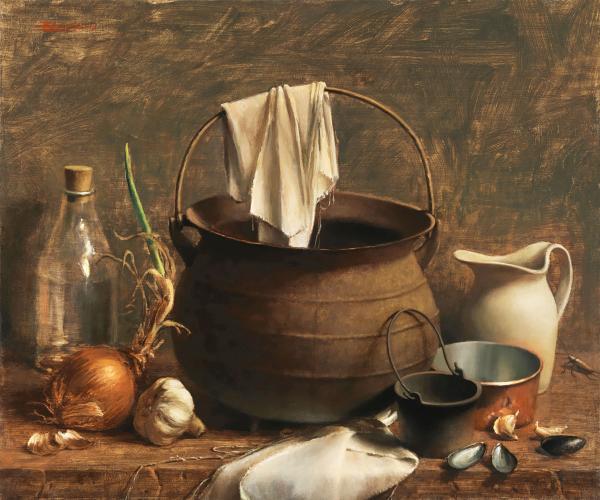 Oil on linen still life painting of a large black pot surrounded by smaller dishes, a bulb of garlic, and an onion with an overgrown stem. 