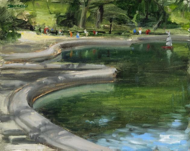 Painting of a pond reflecting the surrounding green trees. 