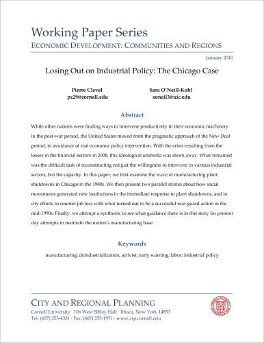 First page of scholarly article 'Losing Out on Industrial Policy: The Chicago Case'